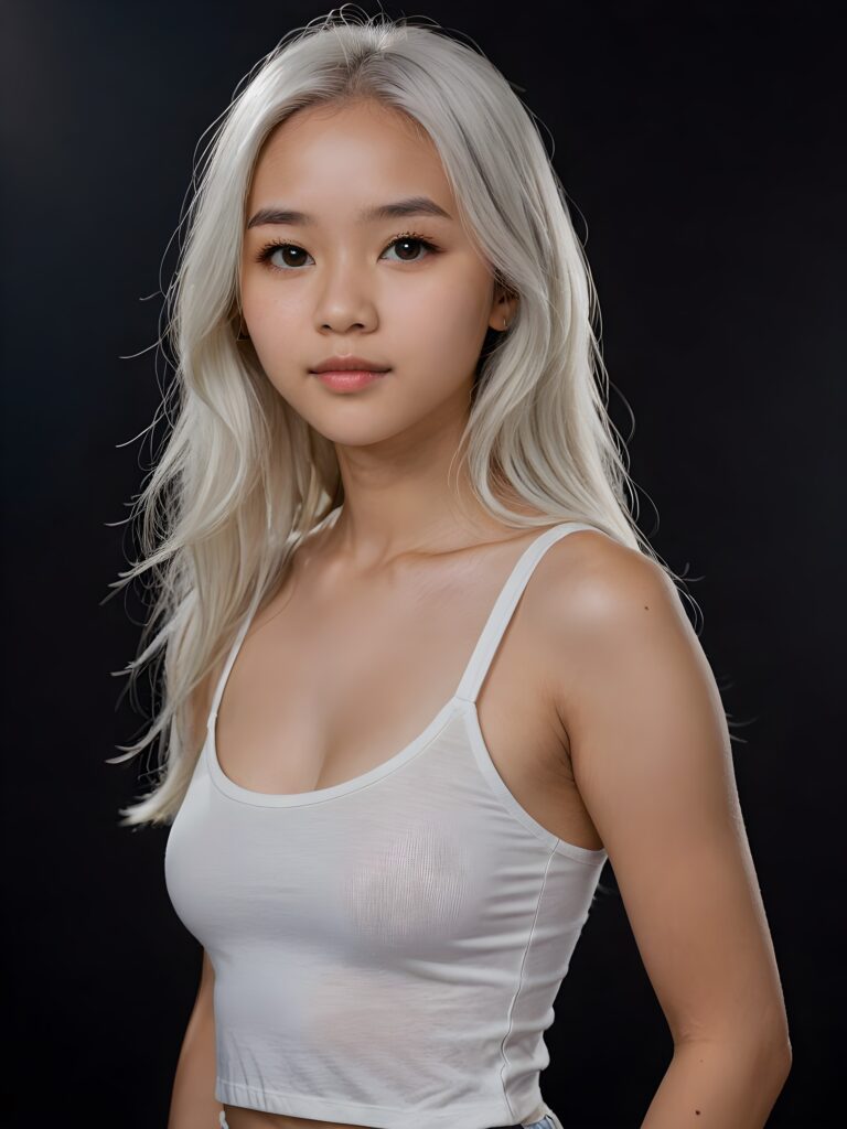 detailed and realistic portrait: an Asian teen girl, 15 years old, (((long, straight white hair))), beautifully realistic, realistic detailed angelic round face, looks at the camera, perfect curved body, (wears a super short tight (white crop tank top), perfect anatomy, side perspective, ((dark background))