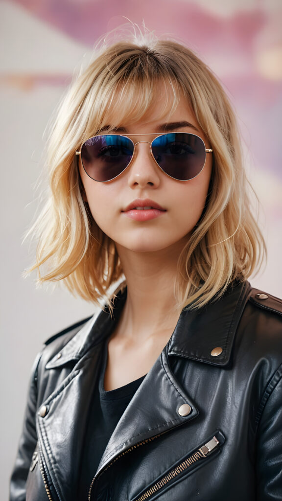 detailed and realistic photo from a young cute busty teenage girl with long blond bob cut and soft hair, with bangs, ((black aviator jacket)), ethereal, hand painted, hazy white backdrop, ((beautiful colors))