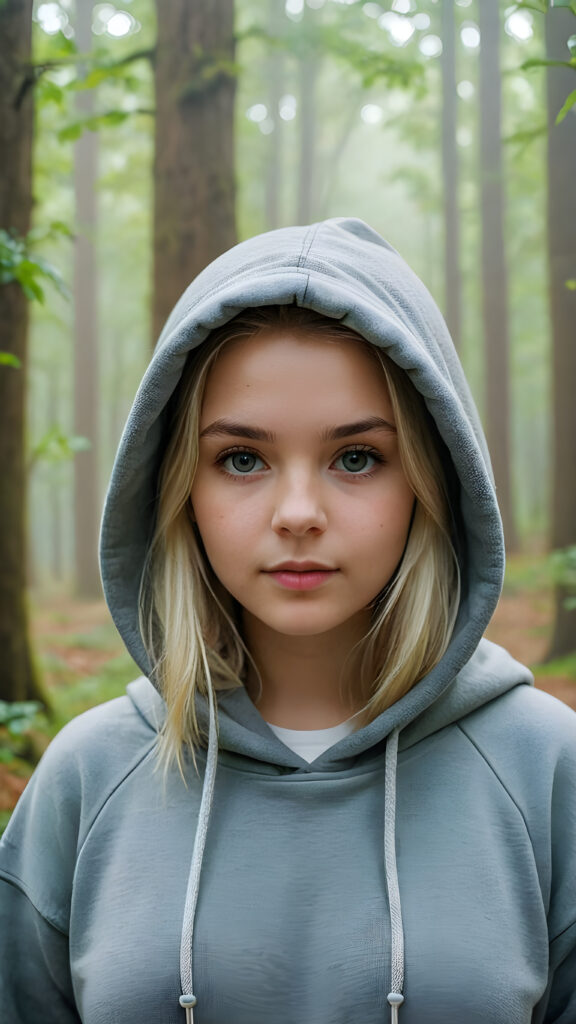 detailed and realistic pictures: a young blond girl in a big foggy forest, feel lonely, she wears a hoodie