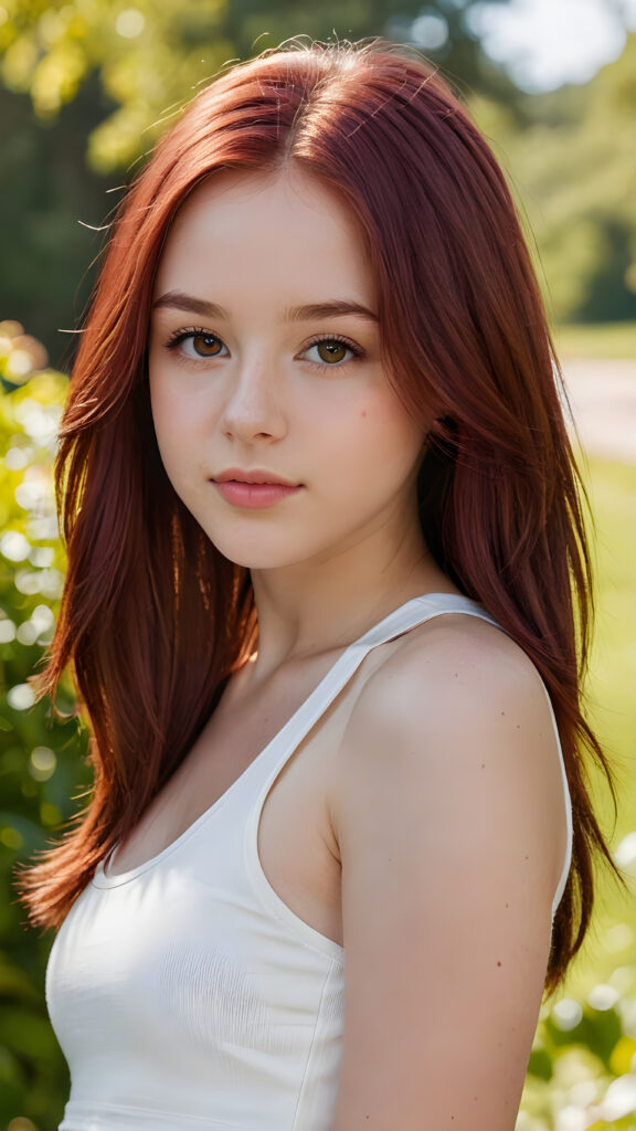 detailed and realistic close-up portrait: a (((beautiful teen girl with (straight burgundy hair with soft layers) and brown eyes))), who exudes a distinct (((sharpness))), coupled with (((pale skin))) and (((vividly full lips))) that curve into, dressed in a (((white crop tank top))), (sunny park in backdrop)