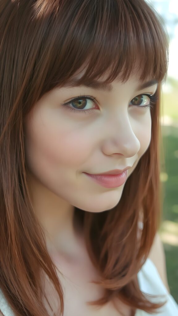 detailed and realistic close-up portrait: a (((beautiful teen girl with (straight burgundy hair with soft layers) and brown eyes))), looks seductively and smiles gently, who exudes a distinct (((sharpness))), coupled with (((pale skin))) and (((vividly full lips))) that curve into, dressed in a (((white crop tank top))), (sunny park in backdrop)