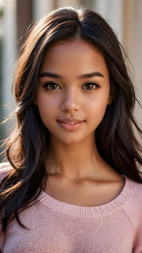 detailed and realistic photo: a beautiful, breathtaking brown-skinned teenage girl with silky smooth obsidian soft black straight hair looks at the viewer in amazement. She has a round face, smooth, white skin and full, plump lips. Her mouth is slightly open with white teeth. The picture is bathed in warm light and creates perfect shadows. She wears a thin, tight-fitting pink sweater that emphasizes her wonderful body. Her beautiful brown eyes reflect a little light. ((stunning)) ((gorgeous))