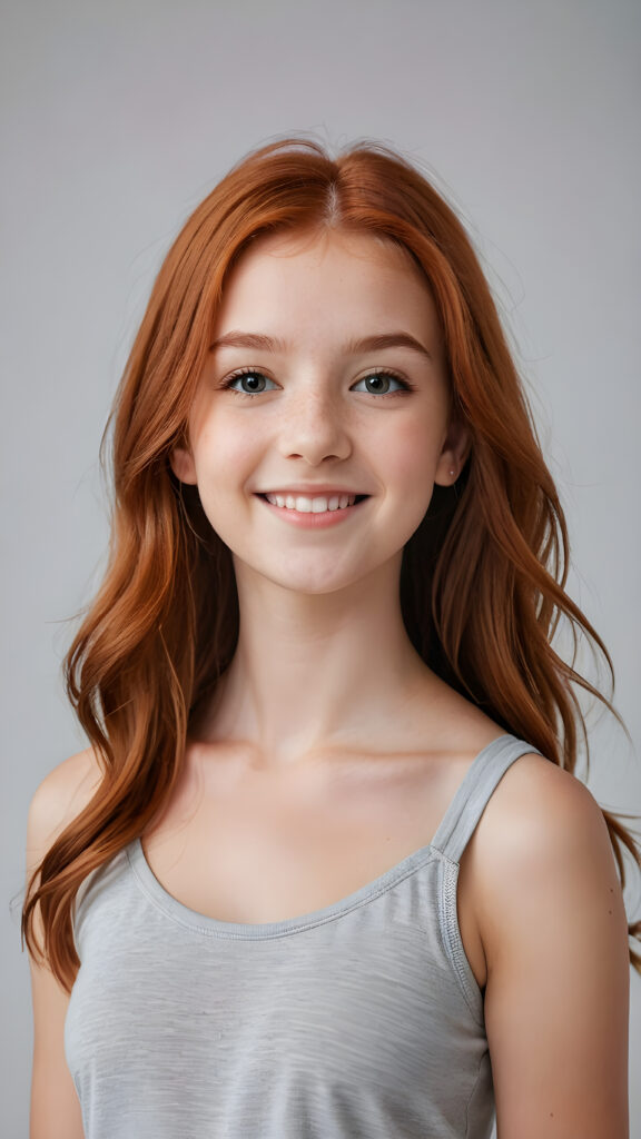 detailed and realistic photo from a (((cute little red-haired young teen girl))), straight long soft hair, smile very happy, stands confidently, she wears a thin tank top, perfect body ((perfect portrait)) ((empty backdrop))