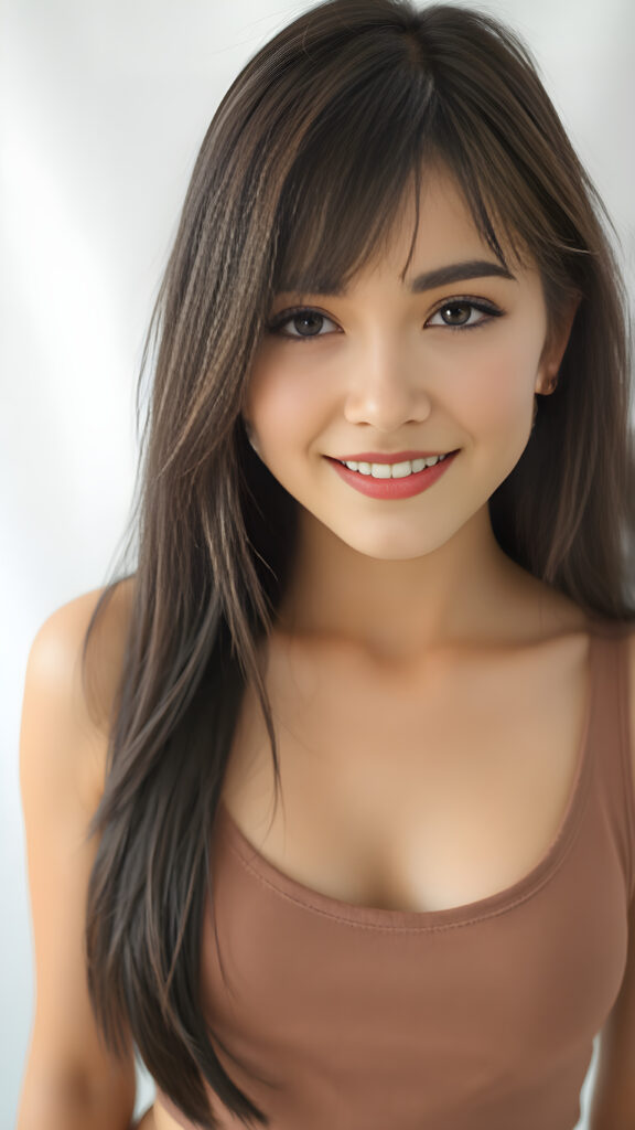 detailed and realistic portrait, upper body, warm tones, cute well busty girl, stunning, gorgeous, she smile very happy and has long, straight soft obsidian black hair, cropped tank top, deep v-neck, wide open front, white backdrop, round face