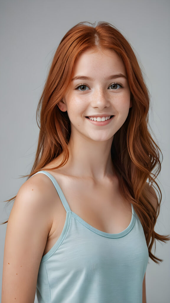 detailed and realistic photo from a (((cute little red-haired young teen girl))), straight long soft hair, smile very happy, stands confidently, she wears a thin tank top, perfect body ((perfect portrait)) ((empty backdrop))