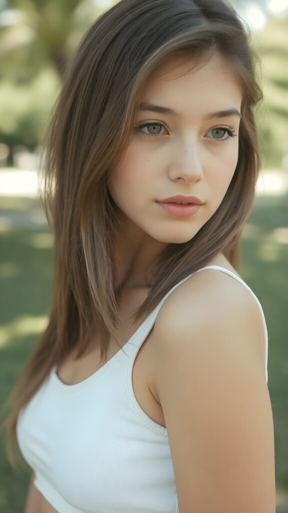 detailed and realistic close-up portrait ((1:3)) from a (((beautiful teen girl with (straight brown hair with soft layers) and brown eyes))), dressed in a (((white crop tank top))), perfect curved body, (sunny park in backdrop)