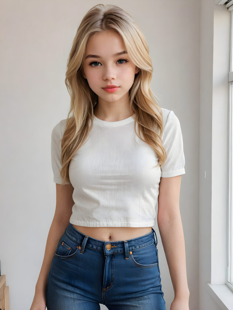 detailed and realistic portrait: a (((cute teen girl))) with straight, sleek blonde soft hair and (((kissable lips))), dressed in a (((minimalist wardrobe))) consisting of (((skinny jeans))) and a simple yet chic crop thin top, perfect curved body, (((take a selfie)))