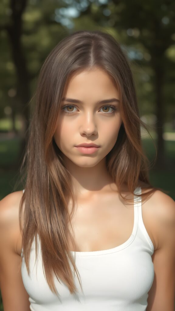 detailed and realistic close-up portrait ((1:3)) from a (((beautiful teen girl with (straight brown hair with soft layers) and brown eyes))), dressed in a (((white crop tank top))), perfect curved body, (sunny park in backdrop)