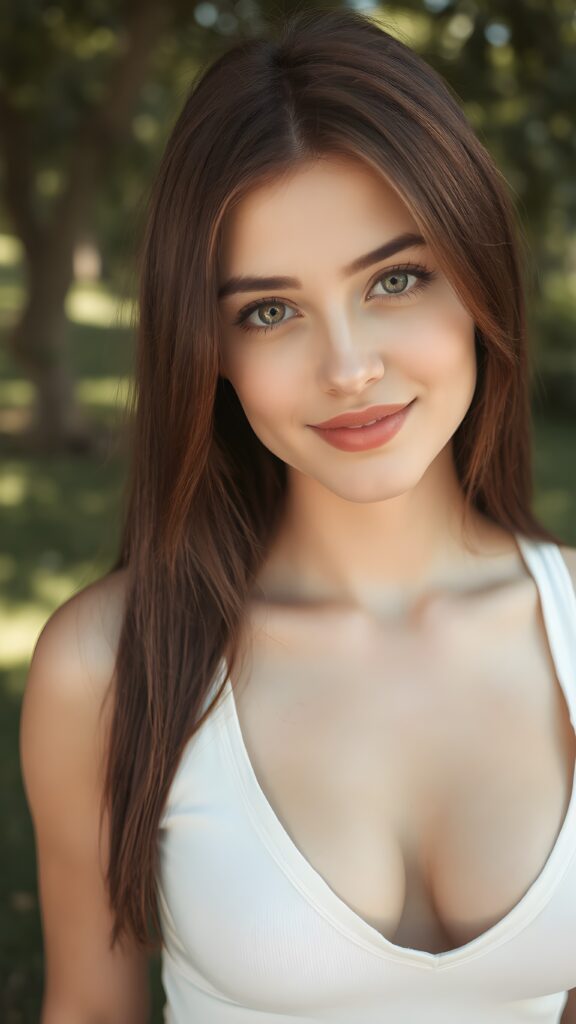 detailed and realistic portrait ((1:3)) from a beautiful young stunning, gorgeous teen girl with (straight soft burgundy hair) and brown eyes, looks seductively and smiles gently, coupled with (((pale skin))) and (((vividly full lips))) that curve into, dressed in a (((white crop tank top, deep v-neck))), (sunny park in backdrop), she has a pervect curved body,