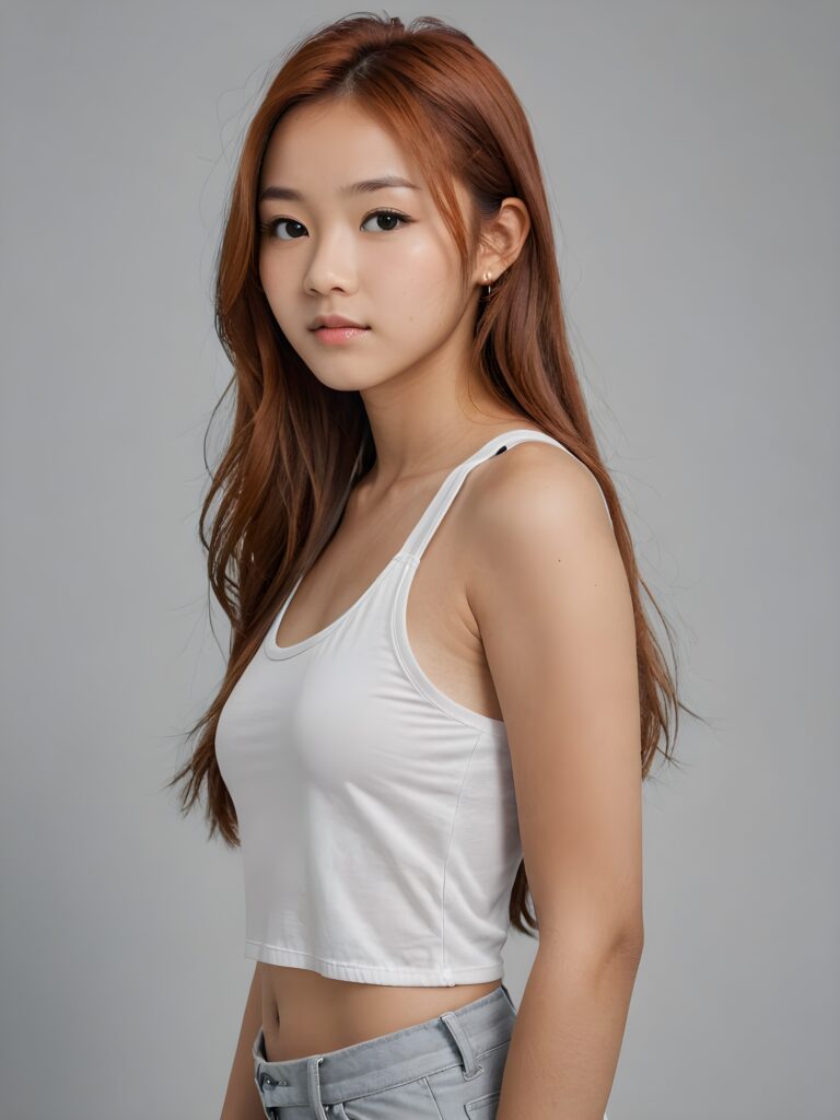 detailed and realistic portrait: an Asian teen girl, 15 years old, (((long, straight auburn-red hair))), beautifully realistic, realistic detailed angelic round face, looks at the camera, perfect curved body, (wears a super short tight (white crop tank top), perfect anatomy, side perspective, ((grey background))