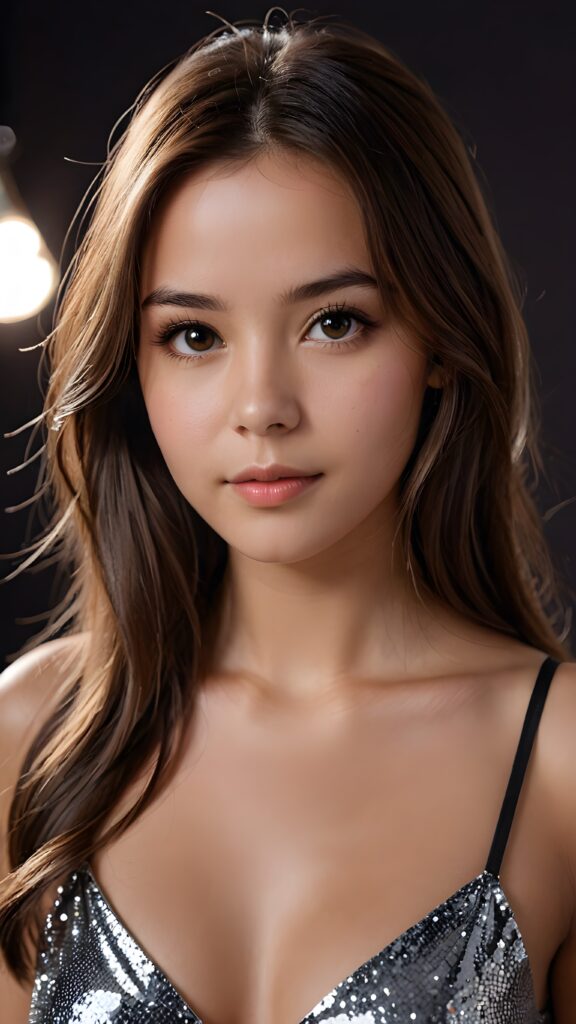 detailed and realistic photo of a young girl with flawless skin. She has long, straight brown hair that falls over her upper body. She is wearing a tight, short top which emphasizes her perfect, sculpted body and has a plunging neckline. Her gaze is seductive and she looks directly at the viewer. Her brown eyes shine and sparkle, reflecting a little light. Low light falls into the picture and casts shadows