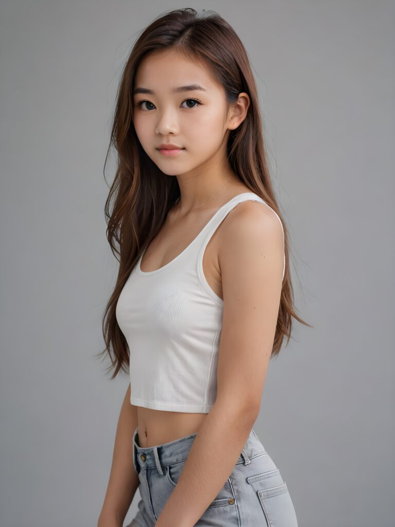 detailed and realistic portrait: an Asian teen girl, 15 years old, (((long, straight brown hair))), beautifully realistic, realistic detailed angelic round face, looks at the camera, perfect curved body, (wears a super short tight (white crop tank top), perfect anatomy, side perspective, ((grey background))