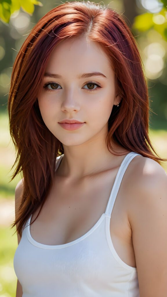 detailed and realistic close-up portrait: a (((beautiful teen girl with (straight burgundy hair with soft layers) and brown eyes))), looks seductively and smiles gently, who exudes a distinct (((sharpness))), coupled with (((pale skin))) and (((vividly full lips))) that curve into, dressed in a (((white crop tank top))), (sunny park in backdrop)