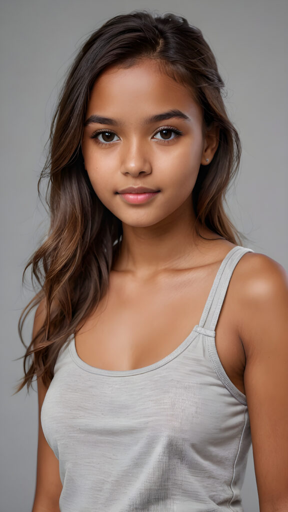 detailed and realistic 3D pictures: a ((brown-skinned cute teenage girl)), white short tank top, soft long hair, (grey background)