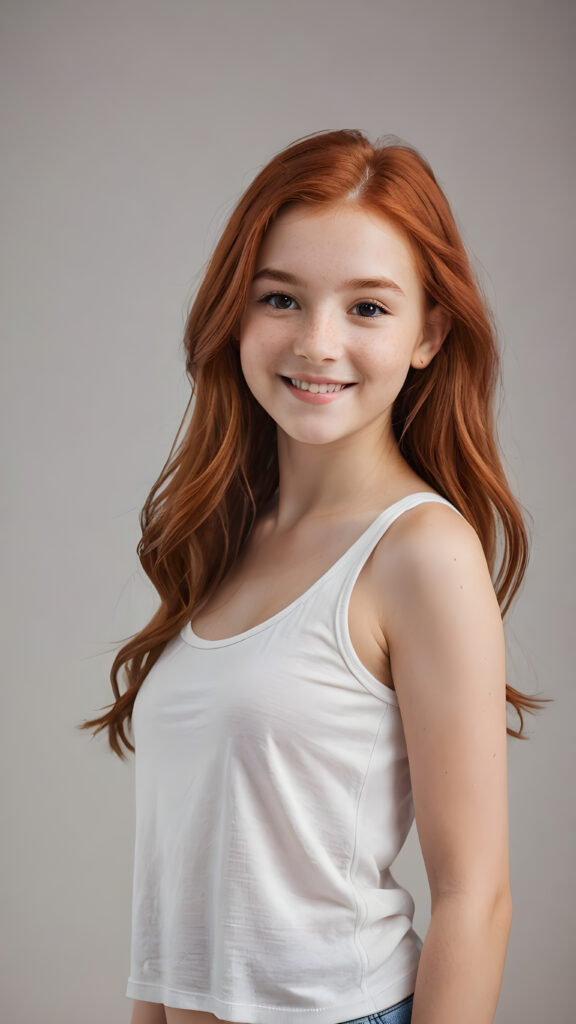 detailed and realistic photo from a (((cute little red-haired young teen girl))), straight long soft hair, smile very happy, stands confidently, she wears a thin tank top, perfect body ((perfect portrait)) ((empty backdrop))