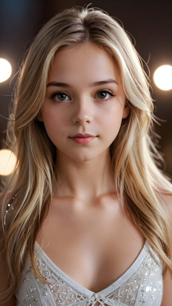 detailed and realistic photo of a young 14 years old girl with flawless skin. She has long, straight blond hair that falls over her upper body. She is wearing a tight, short top which emphasizes her perfect, sculpted body and has a plunging neckline. Her gaze is seductive and she looks directly at the viewer. Her brown eyes shine and sparkle, reflecting a little light. Low light falls into the picture and casts shadows