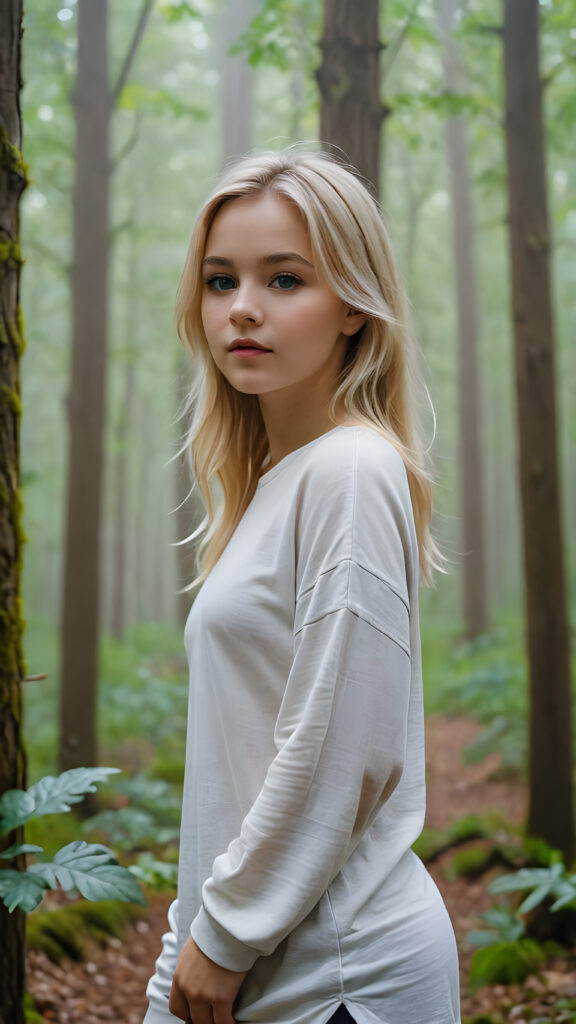 detailed and realistic pictures: a young blond teenage girl in a big foggy forest, feel lonely, she is poor dressed in a long plain t-shirt, perfect curved body, ((stunning)) ((gorgeous))