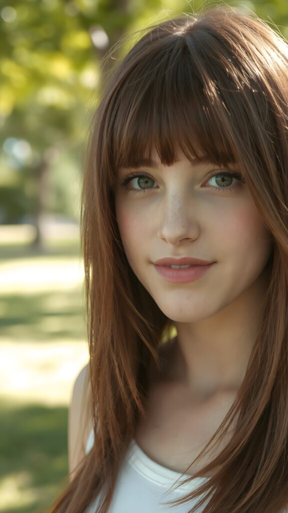 detailed and realistic close-up portrait: a (((beautiful teen girl with (straight burgundy hair with soft layers) and brown eyes))), looks seductively and smiles gently, who exudes a distinct (((sharpness))), coupled with (((pale skin))) and (((vividly full lips))) that curve into, dressed in a (((white crop tank top))), (sunny park in backdrop)