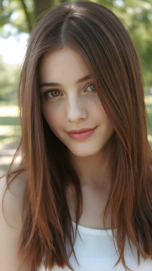 detailed and realistic close-up portrait: a (((beautiful teen girl with (straight burgundy hair with soft layers) and brown eyes))), looks seductively and smiles gently, who exudes a distinct (((sharpness))), coupled with (((pale skin))) and (((vividly full lips))) that curve into, dressed in a (((white crop tank top))), (sunny park in backdrop)