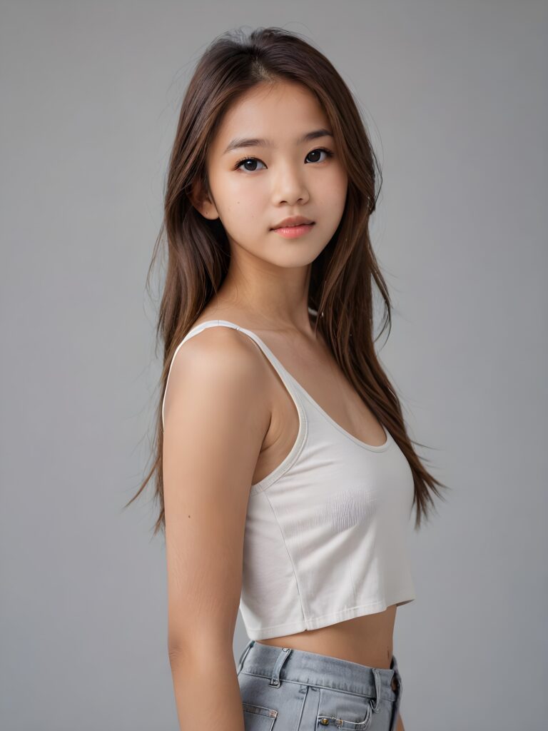 detailed and realistic portrait: an Asian teen girl, 15 years old, (((long, straight brown hair))), beautifully realistic, realistic detailed angelic round face, looks at the camera, perfect curved body, (wears a super short tight (white crop tank top), perfect anatomy, side perspective, ((grey background))