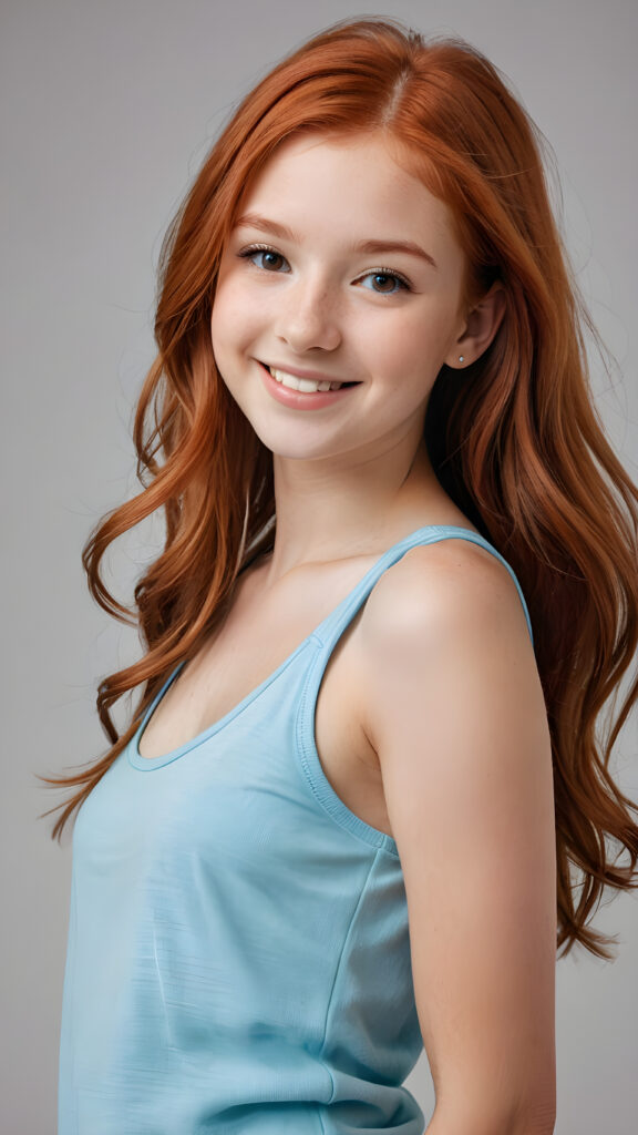 detailed and realistic photo from a (((cute little red-haired young teen girl))), straight long soft hair, smile very happy, stands confidently, she wears a thin tank top, perfect body ((perfect portrait)) ((empty backdrop))