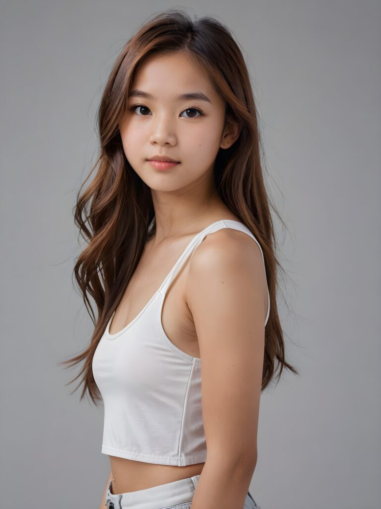 detailed and realistic portrait: an Asian teen girl, 15 years old, (((long, straight brown hair))), beautifully realistic, realistic detailed angelic round face, looks at the camera, perfect curved body, (wears a super short tight (white crop tank top), perfect anatomy, side perspective, ((grey background))