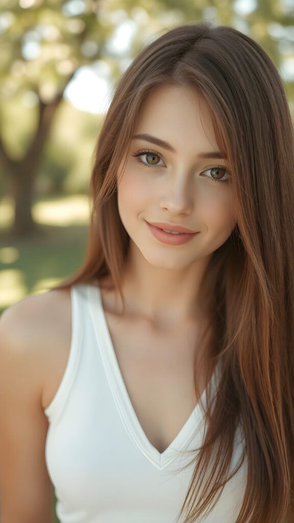 detailed and realistic portrait ((1:3)) from a beautiful young stunning, gorgeous teen girl with (straight soft burgundy hair) and brown eyes, looks seductively and smiles gently, coupled with (((pale skin))) and (((vividly full lips))) that curve into, dressed in a (((white crop tank top, deep v-neck))), (sunny park in backdrop), she has a pervect curved body,