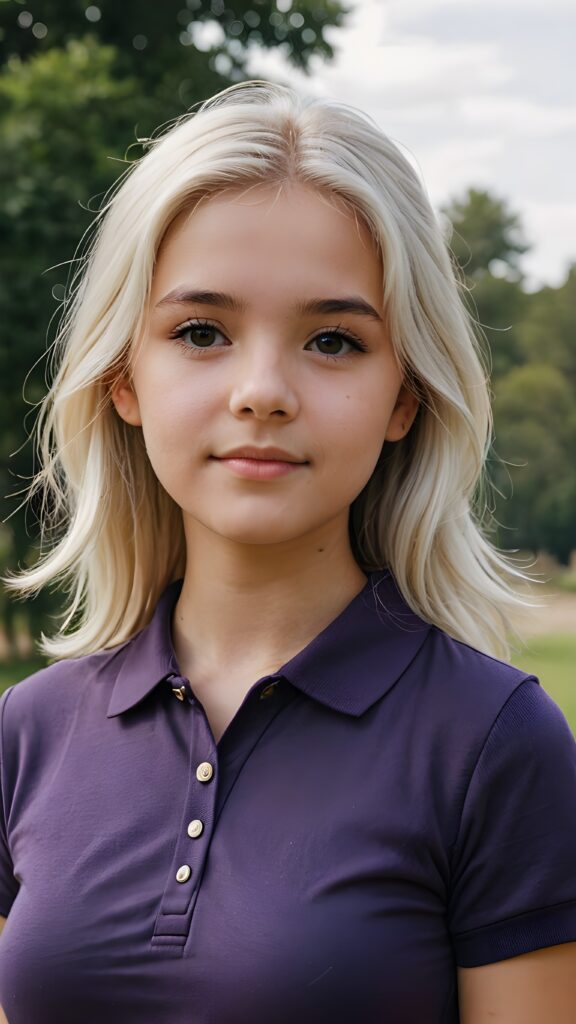 detailed and realistic photo from a young teenage girl in short-sleeved dark purple polo shirt, her high collar is fully buttoned up and the collar is firm around her neck, wearing jeans, straight long jet soft white hair, natural backdrop