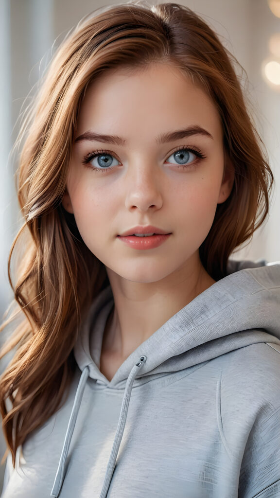 detailed and realistic photo: a beautiful, breathtaking teenage girl, 13 years old, with soft auburn straight hair and (light blue eyes)) looks at the viewer in amazement. The hair reaches down to the shoulders and is cut straight. She has a round face, smooth, white skin and full red lips. Her mouth is slightly open with white teeth. The picture is bathed in warm light and creates perfect shadows. She wears a ((thin, tight-fitting grey hoodie)) that emphasizes her wonderful body. Her beautiful brown eyes reflect a little light. ((stunning)) ((gorgeous)) ((white background))