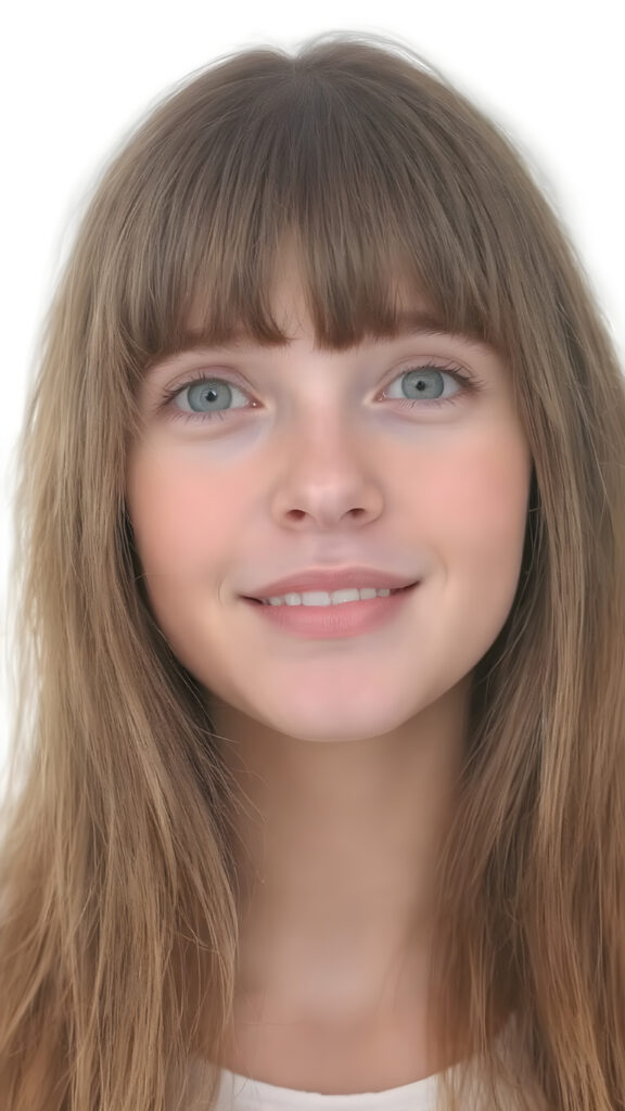 detailed and realistic head portrait, a thoughtful (((cute adult girl))) with long soft red straight hair, bangs, light green detailed eyes, white backdrop, focus on her round face, she smile, white teeth, front view