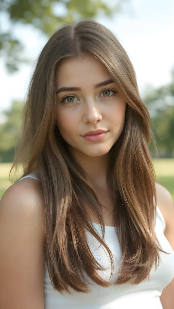 detailed and realistic close-up portrait ((1:3)) from a (((beautiful teen girl with (straight brown hair with soft layers) and brown eyes))), dressed in a (((white crop tank top))), perfect curved body, (sunny park in backdrop)