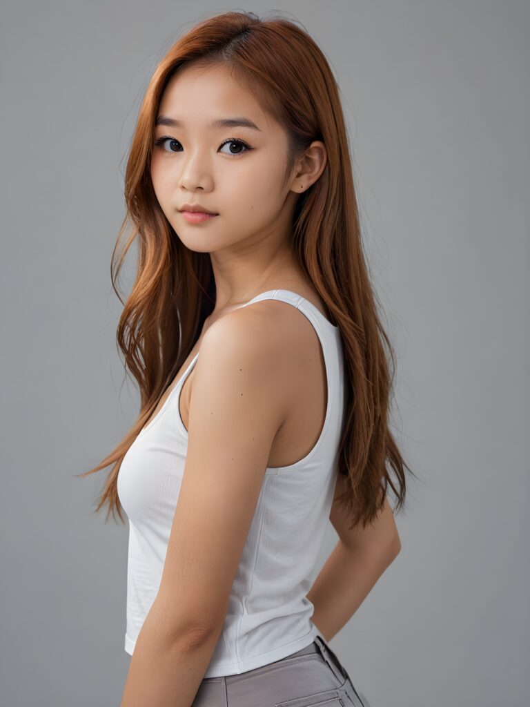 detailed and realistic portrait: an Asian teen girl, 15 years old, (((long, straight copper hair))), beautifully realistic, realistic detailed angelic round face, looks at the camera, perfect curved body, (wears a super short tight (white crop tank top), perfect anatomy, side perspective, ((grey background))