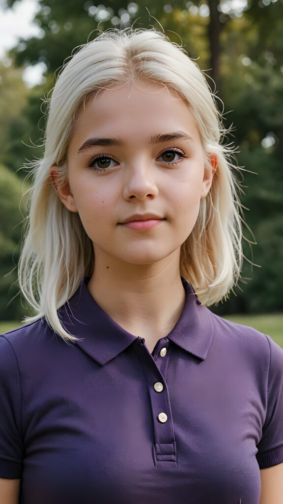 detailed and realistic photo from a young teenage girl in short-sleeved dark purple polo shirt, her high collar is fully buttoned up and the collar is firm around her neck, wearing jeans, straight long jet soft white hair, natural backdrop