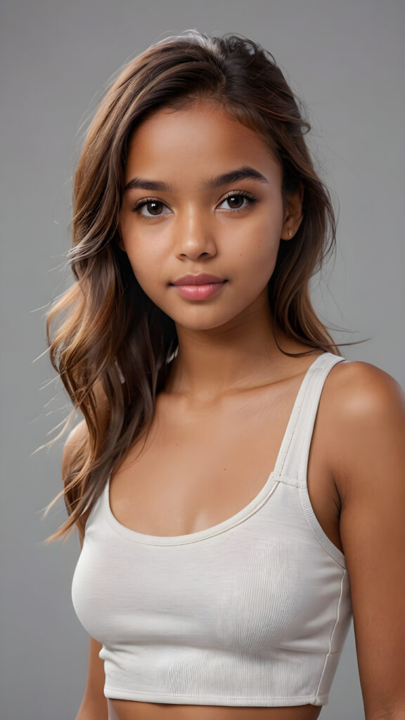 detailed and realistic 3D pictures: a ((brown-skinned cute teenage girl)), white short tank top, soft long hair, (grey background)