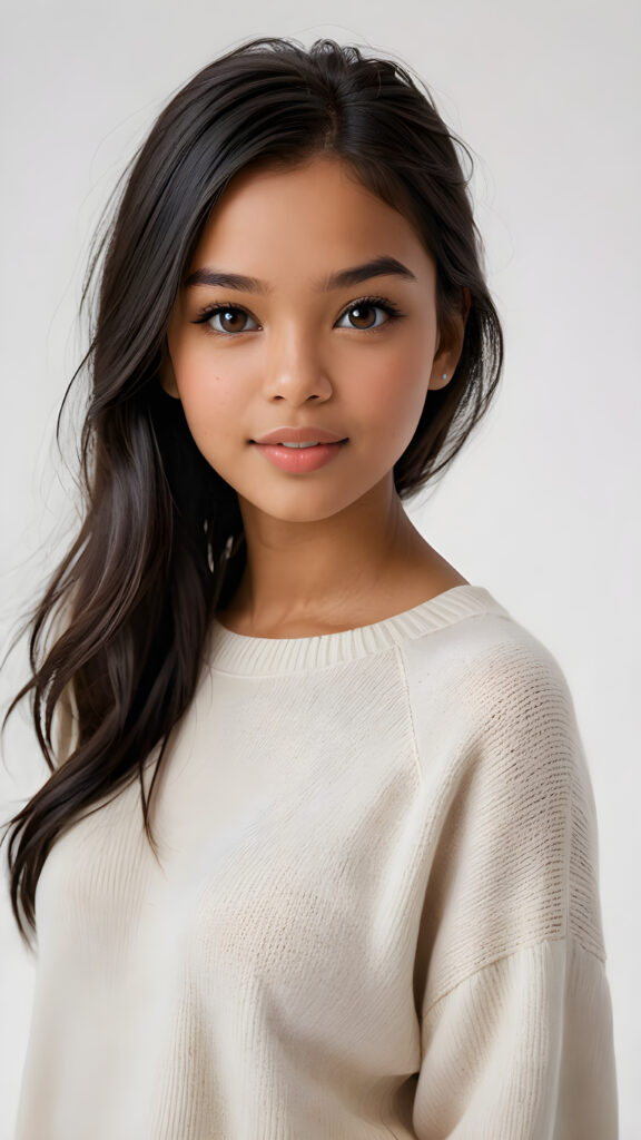 detailed and realistic photo: a beautiful, breathtaking brown-skinned teenage girl with silky smooth obsidian soft black straight hair looks at the viewer in amazement. The hair reaches down to the shoulders and is cut straight. She has a round face, smooth, white skin and full, plump lips. Her mouth is slightly open with white teeth. The picture is bathed in warm light and creates perfect shadows. She wears a thin, tight-fitting sweater that emphasizes her wonderful body. Her beautiful brown eyes reflect a little light. ((stunning)) ((gorgeous)) ((white background))