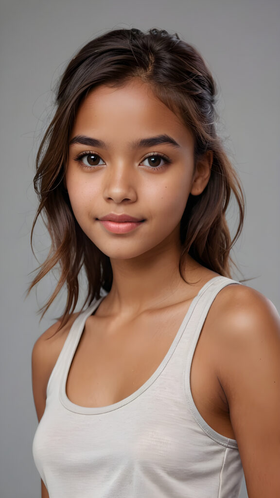 detailed and realistic 3D pictures: a ((brown-skinned cute teenage girl)), white short tank top, soft long hair, (grey background)