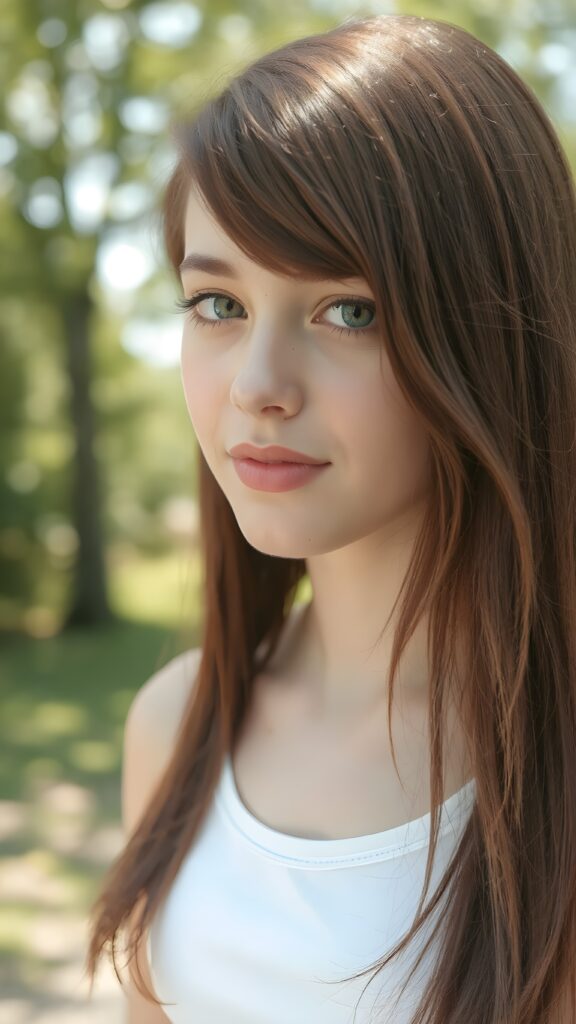 detailed and realistic close-up portrait: a (((beautiful teen girl with (straight burgundy hair with soft layers) and brown eyes))), looks seductively and smiles gently, who exudes a distinct (((sharpness))), coupled with (((pale skin))) and (((vividly full lips))) that curve into, dressed in a (((white crop tank top))), (sunny park in backdrop)