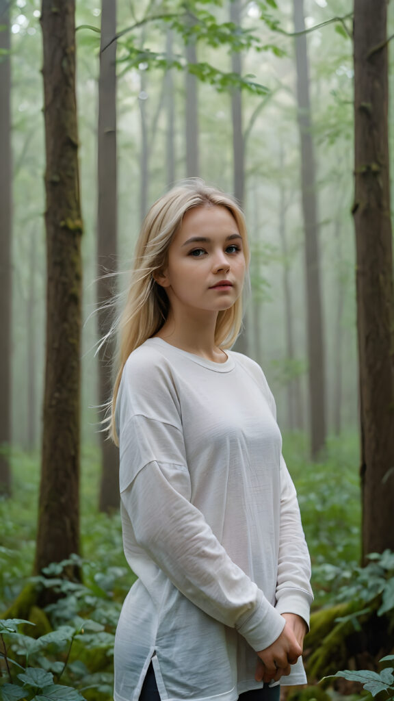 detailed and realistic pictures: a young blond teenage girl in a big foggy forest, feel lonely, she is poor dressed in a long plain t-shirt, perfect curved body, ((stunning)) ((gorgeous))