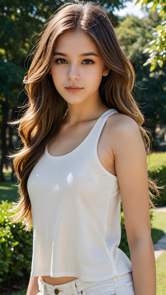 detailed and realistic portrait: a (((beautiful teen girl with long, soft hair and brown eyes))), who exudes a distinct (((sharpness))), coupled with (((pale skin))) and (((vividly hued lips))) that curve into a (((hairstyle long layered ombre))), dressed in a (((white crop tank top))), (sunny park in backdrop)