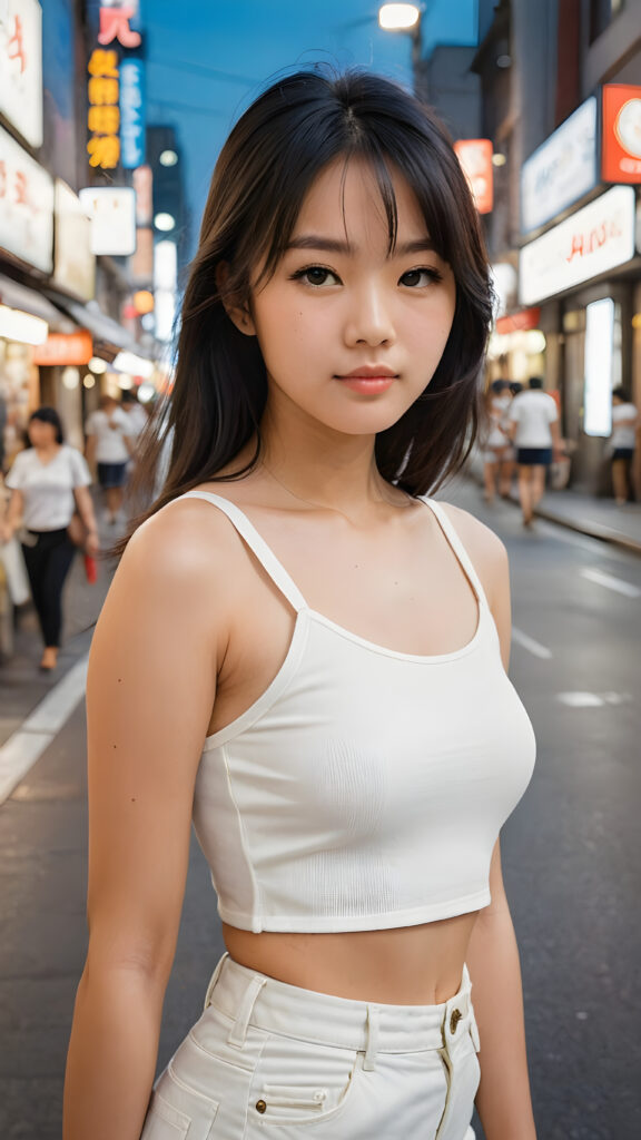 detailed and realistic portrait from the 1960s, a trendy young Japanese teen girl in Tokyo, with soft long straight black hair, wears a white super fine cropped tank top that support her body, she has a perfect curved body, immersed in the warm ambiance sharp details bring her stylish features to life, perfectly embodying the essence of urban sophistication, the composition contemplates the interplay of modern culture and personal expression, inviting viewers to revel in the captivating atmosphere of contemporary city