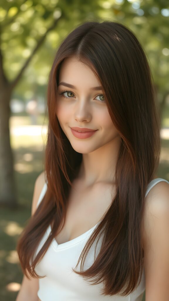 detailed and realistic portrait ((1:3)) from a beautiful young stunning, gorgeous teen girl with (straight soft burgundy hair) and brown eyes, looks seductively and smiles gently, coupled with (((pale skin))) and (((vividly full lips))) that curve into, dressed in a (((white crop tank top, deep v-neck))), (sunny park in backdrop), she has a pervect curved body,