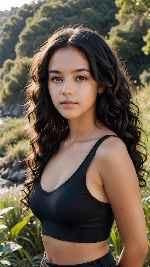 detailed and realistic portrait: a natural beautiful teen girl with long semi curly soft black hair wearing a black tight crop top, in a beautiful natural place