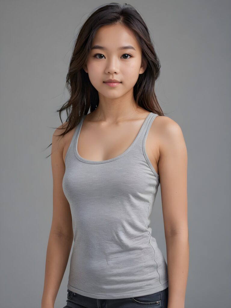 detailed and realistic portrait from a Asian teen girl, 14 years old, straight soft jet hair, realistic detailed angelic round face, perfect curved body, ((low cut tight (tank top))), perfect anatomy, side perspective, ((grey background))