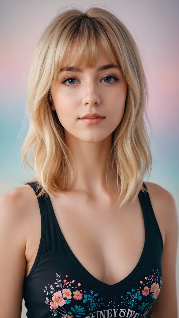 detailed and realistic photo from a young cute busty teenage girl with long blond bob cut and soft hair, with bangs, ((black tank top, deep v-neck)), ethereal, hand painted, hazy white backdrop, ((beautiful colors))