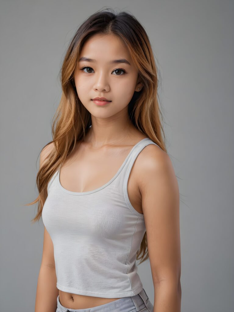 detailed and realistic portrait: an Asian teen girl, 15 years old, (((long, straight light amber hair))), beautifully realistic, realistic detailed angelic round face, looks at the camera, perfect curved body, (wears a super short tight (white crop tank top), perfect anatomy, side perspective, ((grey background))