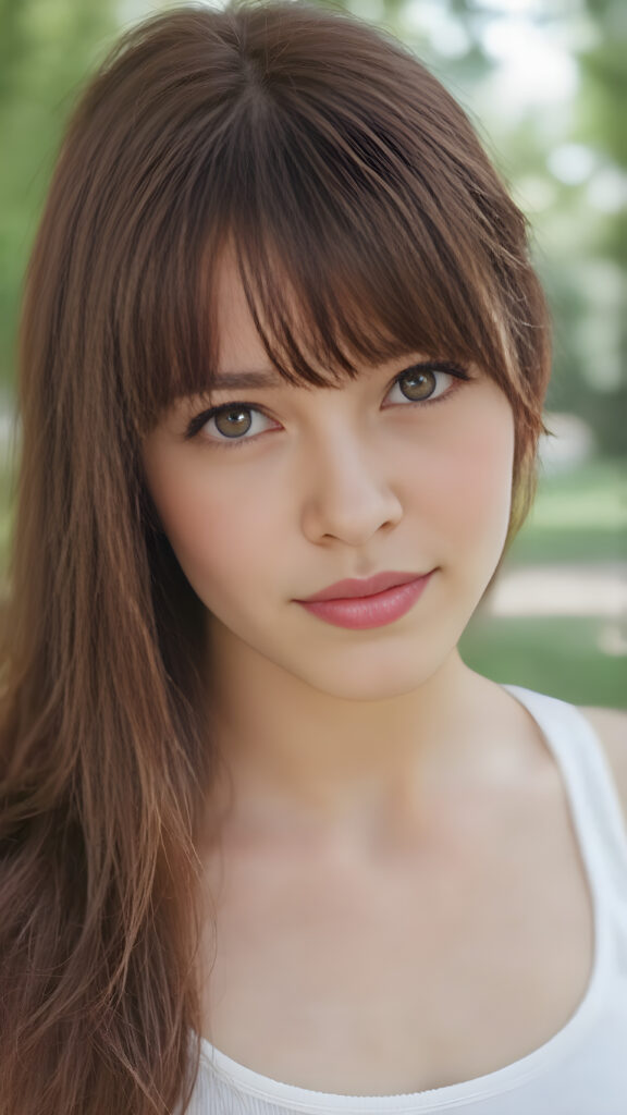 detailed and realistic upper body portrait: a (((beautiful teen girl with (straight burgundy hair with soft layers) and brown eyes))), who exudes a distinct (((sharpness))), coupled with (((pale skin))) and (((vividly full lips))) that curve into, dressed in a (((white crop tank top))), (sunny park in backdrop)