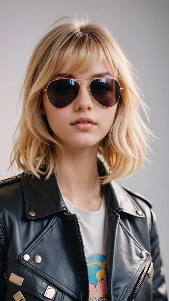 detailed and realistic photo from a young cute busty teenage girl with long blond bob cut and soft hair, with bangs, ((black aviator jacket)), ethereal, hand painted, hazy white backdrop, ((beautiful colors))