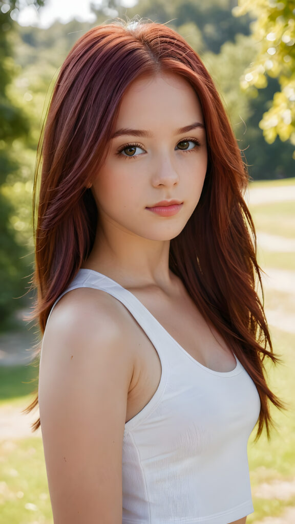 detailed and realistic close-up portrait: a (((beautiful teen girl with (straight burgundy hair with soft layers) and brown eyes))), who exudes a distinct (((sharpness))), coupled with (((pale skin))) and (((vividly full lips))) that curve into, dressed in a (((white crop tank top))), (sunny park in backdrop)