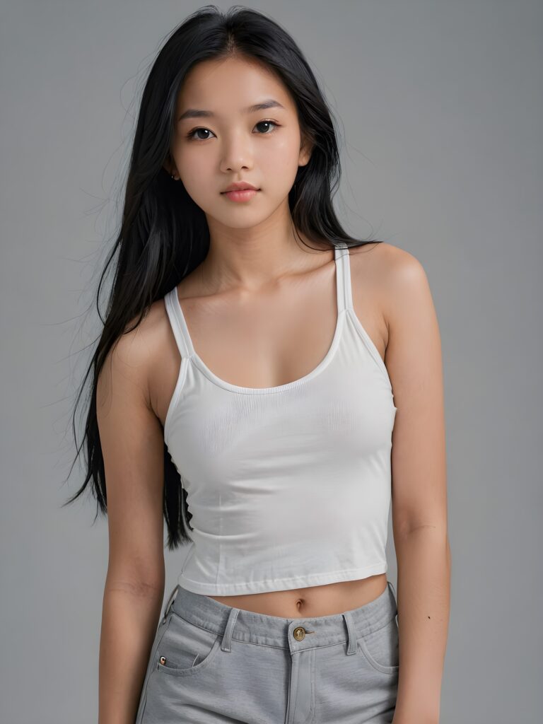 detailed and realistic portrait: an Asian teen girl, 15 years old, (((long, straight obsidian black hair))), beautifully realistic, realistic detailed angelic round face, looks at the camera, perfect curved body, (wears a super short tight (white crop tank top), perfect anatomy, side perspective, ((grey background))