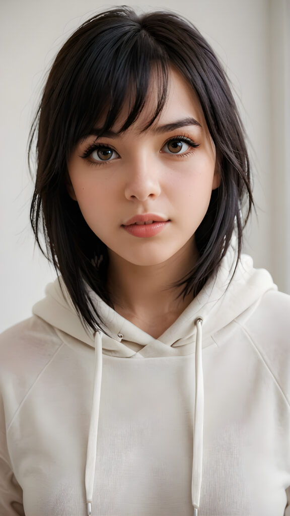 detailed and realistic photo: a beautiful, breathtaking emo teenage girl with soft black straight hair, bangs, looks at the viewer in amazement. The hair reaches down to the shoulders and is cut straight. She has a round face, smooth, white skin and full, plump lips. Her mouth is slightly open with white teeth. The picture is bathed in warm light and creates perfect shadows. She wears a thin, tight-fitting hoodie that emphasizes her wonderful body. Her beautiful brown eyes reflect a little light. ((stunning)) ((gorgeous)) ((white background)